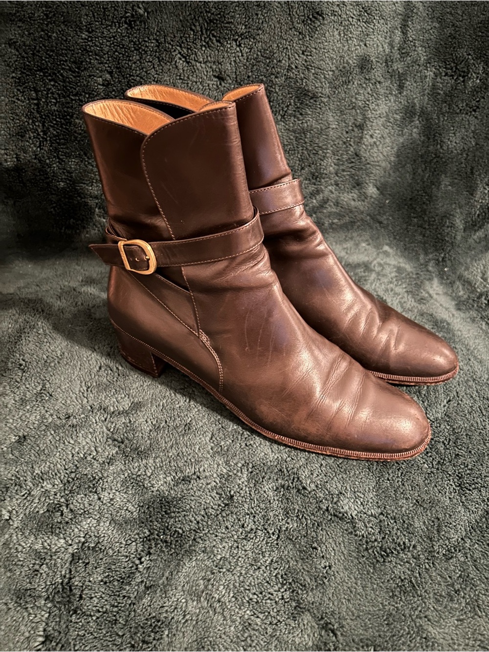 Salvatore Ferragamo Brown Leather
Ankle Moto Boots Buckle Round Toe 7.5